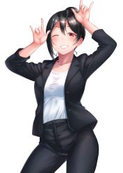 Rule 34 | 1girl, absurdres, arms up, black hair, black jacket, black pants, chishio (onoderayui), collarbone, double m/, hair bun, highres, jacket, looking at viewer, love live!, love live! school idol project, m/, nico nico nii, one eye closed, pants, parted lips, red eyes, shirt, single hair bun, smile, solo, white background, white shirt, yazawa nico&#039;s mother