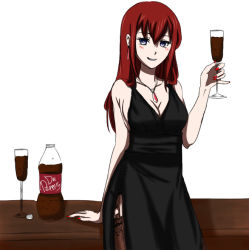 Rule 34 | 1girl, black dress, blue eyes, breasts, cleavage, cup, dr pepper, drawfag, dress, drinking glass, earrings, formal, garter straps, jewelry, makise kurisu, nail polish, necklace, red hair, seductive smile, side slit, sideboob, simple background, smile, solo, steins;gate, thighhighs, white background, wine glass