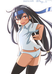 Rule 34 | 1girl, ass, black hair, black thighhighs, blue headband, butt crack, collared shirt, commentary request, cowboy shot, dress shirt, from behind, hatsushimo (kancolle), hatsushimo kai ni (kancolle), headband, kantai collection, long hair, looking at viewer, looking back, low-tied long hair, one-hour drawing challenge, panties, ray.s, red eyes, shirt, simple background, solo, thighhighs, underwear, white background, white panties, white shirt