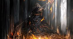 Rule 34 | 1boy, absurdres, aldrich devourer of gods, artist name, brown cloak, cloak, closed mouth, commentary, dark souls (series), dark souls iii, embers, fire, highres, holding, holding staff, ibuo (ibukht1015), indoors, long hair, male focus, mask, monster, staff, weapon, white hair, window