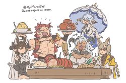 Rule 34 | +++, 2boys, 3girls, :d, :o, animal ears, asaya minoru, bare shoulders, black hair, blue hair, boned meat, braid, breasts, brown hair, cleavage, closed mouth, cup, dark-skinned female, dark skin, drinking glass, closed eyes, fang, fediel (granblue fantasy), food, fork, galleon (granblue fantasy), glasses, granblue fantasy, hair between eyes, hands up, holding, holding cup, holding tray, holding umbrella, horns, large breasts, long hair, lu woh (granblue fantasy), meat, multiple boys, multiple girls, open mouth, pectorals, red hair, simple background, single braid, smile, tray, twitter username, umbrella, very long hair, wamdus (granblue fantasy), white background, white umbrella, wilnas (granblue fantasy), wine glass
