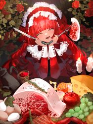 Rule 34 | 1girl, absurdres, apple, candle, candlestand, cheese, chilcy35, closed eyes, cutlery, dress, egg, fangs, fire, flower, food, fork, frilled dress, frilled hairband, frills, fringe trim, fruit, grapes, hairband, happy, highres, holding, holding fork, holding knife, knife, light blush, light rays, linked sausages, long hair, meat, nail polish, open mouth, orange (fruit), original, raw meat, red apple, red hair, red nails, ribbon, rose, salmon, sitting, sliced meat, solo, sparkle, table, teapot, teeth