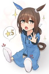 Rule 34 | + +, 1girl, absurdres, admire vega (umamusume), aged down, animal ears, blue pajamas, blush, brown hair, child, full body, highres, horse ears, horse girl, hukahito, long hair, long sleeves, looking at viewer, notice lines, open mouth, pajamas, ponytail, reaching, reaching towards viewer, sitting, slippers, sparkle, speech bubble, sweatdrop, umamusume, v-shaped eyebrows, yellow eyes