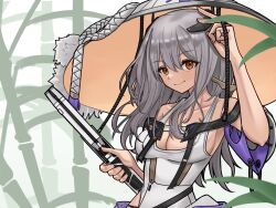 Rule 34 | 1girl, armor, bamboo, bamboo forest, bodysuit, breasts, closed mouth, clothing cutout, forest, goddess of victory: nikke, grey hair, hair ornament, hair stick, hat, holding, holding weapon, horskaman, japanese armor, jingasa, kote, large hat, leotard, long hair, looking at viewer, medium breasts, nature, scarlet (nikke), shoulder armor, smile, sode, solo, sword, weapon, white bodysuit, white leotard, yellow eyes