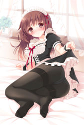 Rule 34 | 1girl, ass, bad id, bad pixiv id, black pantyhose, blush, breasts, brown eyes, brown hair, clothes lift, crotch seam, curtains, feet, lace, lace-trimmed panties, lace trim, light, long hair, looking at viewer, lying, maid, maid headdress, medium breasts, no shoes, on side, original, pan (mimi), panties, panties under pantyhose, pantyhose, plant, potted plant, skirt, skirt lift, smile, solo, stairs, thighband pantyhose, transparent, underwear, upskirt, window