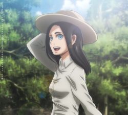 1girl black_hair blue_eyes breasts fake_screenshot female_focus frieda_reiss green_background happy hat long_hair long_sleeves medium_breasts official_style open_mouth outdoors shingeki_no_kyojin smile solo upper_body