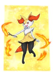 Rule 34 | 1girl, absurdres, animal ear fluff, animal ears, animal hands, barefoot, blush, border, braixen, breasts, creatures (company), fangs, female focus, fire, fox ears, fox tail, full body, furry, furry female, game freak, gen 6 pokemon, gluteal fold, happy, highres, holding, leg up, light blush, looking at viewer, navel, nintendo, no pussy, open mouth, outline, outside border, outstretched arm, pokemon, pokemon (creature), red eyes, shiny skin, simple background, small breasts, smile, solo, standing, standing on one leg, star (symbol), starry background, stick, stomach, tail, thighs, white border, white outline, yellow background, yuuyatails