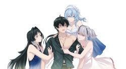 1boy 3girls bare_shoulders black_eyes black_hair black_shirt blue_dress blue_eyes blue_hair breasts camellya_(wuthering_waves) cleavage collarbone colored_eyelashes commentary crissydissy dress highres large_breasts long_hair looking_at_another male_focus male_rover_(wuthering_waves) multicolored_hair multiple_girls official_alternate_costume parted_bangs partially_shaded_face red_pupils rover_(wuthering_waves) shirt short_hair simple_background streaked_hair tacet_mark_(wuthering_waves) shorekeeper_(wuthering_waves) toned toned_male twitter_username upper_body white_background white_dress white_hair wuthering_waves yangyang_(wuthering_waves) yellow_eyes