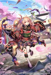 Rule 34 | 1girl, animal, bat (animal), bat wings, cherry blossoms, clogs, flag, japanese clothes, kimono, kite, lantern, long hair, looking at viewer, new year, open mouth, pink hair, ponytail, racket, red eyes, romancing saga re;universe, shrine, solo, teeth, tef, temple, thighhighs, twintails, vampire, white thighhighs, wings