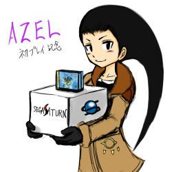 Rule 34 | 1girl, azel (panzer dragoon), bad id, bad pixiv id, black hair, bodysuit, box, carrying, character name, coo2, game console, gloves, jacket, long hair, panzer dragoon, panzer dragoon saga, sega, sega saturn, solo, translation request, video game