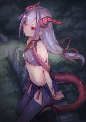 Rule 34 | 1girl, arm support, bare shoulders, black thighhighs, blush, breasts, child, dragon girl, dragon horns, dragon tail, facial mark, from side, grey hair, horns, ibuki notsu, long hair, looking away, low-tied long hair, melusine (ibuki notsu), midriff, monster girl, navel, nose blush, original, pelvic curtain, red eyes, rope, ruins, sitting, slit pupils, small breasts, solo, stomach, tail, tattoo, thighhighs