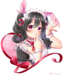 Rule 34 | 1girl, :o, absurdres, animal ears, bad id, bad twitter id, black hair, curly hair, detached collar, fake animal ears, frilled shirt collar, frilled sleeves, frills, hair ribbon, hand on own chin, hand up, heart, highres, inactive account, looking at viewer, love live!, love live! school idol project, maid, maid headdress, mogyutto &quot;love&quot; de sekkin chuu!, plaid, rabbit ears, rabbit pose, red eyes, red ribbon, ribbon, short sleeves, shuga (0329tixi), solo, twintails, upper body, white background, wristband, yazawa nico