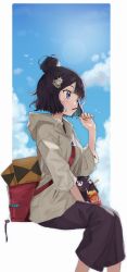 Rule 34 | 1girl, bag, black hair, blue eyes, casual, cloud, contemporary, day, dress, fate/grand order, fate (series), food, hair bun, hair ornament, highres, jacket, katsushika hokusai (fate), katsushika hokusai (traveling outfit) (fate), messenger bag, mochii, mouth hold, o3o, octopus, official alternate costume, pocky, short hair, shoulder bag, single hair bun, sitting, sky, solo