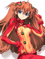 Rule 34 | 00s, 1girl, blue eyes, bodysuit, brown hair, cleavage, evangelion: 2.0 you can (not) advance, female focus, multicolored clothes, neon genesis evangelion, plugsuit, rebuild of evangelion, sanbasou, see-through, see-through cleavage, shiny clothes, skin tight, solo, souryuu asuka langley, test plugsuit, white background