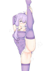 Rule 34 | 1girl, arm behind head, armpits, arms up, ass, bare shoulders, blush, bottomless, breasts, censored, detached sleeves, dress, leg hold, long hair, looking at viewer, no panties, purple dress, purple eyes, purple hair, purple thighhighs, pussy, simple background, small breasts, smile, solo, split, standing, standing on one leg, standing split, striped clothes, striped dress, striped thighhighs, thighhighs, thighs, twintails, upskirt, vertical-striped clothes, vertical-striped dress, vertical-striped thighhighs, vocaloid, voiceroid, white background, yuzuki yukari
