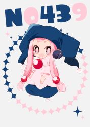 Rule 34 | blue hat, blue pants, child, creatures (company), game freak, gen 4 pokemon, hair bobbles, hair ornament, hat, highres, jester cap, long hair, mime jr., nintendo, open mouth, pants, personification, pink eyes, pink hair, pokemon, puffy sleeves, shirt, solo, thick eyebrows, white footwear, white shirt, yuzu ichika