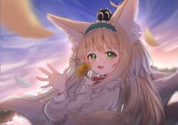 Rule 34 | 1girl, aki (mkjn5227), animal ear fluff, animal ears, aqua hairband, arknights, black cat, blonde hair, blurry, blurry background, blush, cardigan, cat, commentary, crossover, falling petals, flower, fox ears, fox girl, fox tail, frilled hairband, frills, green eyes, hairband, heixiu, highres, holding, holding flower, kitsune, kyuubi, lily of the valley, long hair, long sleeves, looking at viewer, luo xiaohei zhanji, multicolored hair, multiple tails, name connection, neck ribbon, object namesake, official alternate costume, on head, open cardigan, open clothes, open mouth, petals, puffy long sleeves, puffy sleeves, red ribbon, ribbon, solo, suzuran (arknights), suzuran (spring praise) (arknights), tail, two-tone hair, upper body, waving, white cardigan, white hair
