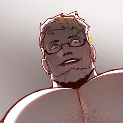 Rule 34 | 1boy, bara, beard, brown theme, earrings, facial hair, final fantasy, final fantasy xiv, foreshortening, from below, full beard, glasses, green eyes, highres, jewelry, large pectorals, looking at viewer, looking down, male focus, malflovv, mature male, meme, monochrome, muscular, muscular male, nude, pectoral focus, pectorals, photo-referenced, roegadyn, short hair, solo, sparse chest hair, spot color, thick beard, thick eyebrows, upper body, yur oc like this (meme)
