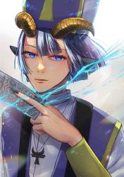 Rule 34 | 1boy, absurdres, black nails, blue eyes, demon cleric, demon horns, fingernails, hat, highres, horns, huge filesize, jewelry, long fingernails, looking at viewer, male focus, maou-jou de oyasumi, nail polish, necklace, pointy ears, purple hat, ranchu000, robe, simple background, solo, talisman, white background