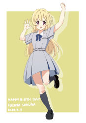 1girl 22/7 arm_up belt blonde_hair blue_belt blue_bow blue_bowtie blue_dress border bow bowtie character_name clenched_hand dated dress fujima_sakura full_body happy_birthday highres leg_up long_hair looking_at_viewer one_side_up open_hand open_mouth outside_border outstretched_arm purple_eyes short_sleeves single_hair_ring solo standing standing_on_one_leg tanpaku_(oqu_2) teeth upper_teeth_only white_border yellow_background