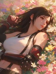 Rule 34 | 1girl, ai-generated, artist request, black hair, breasts, earrings, female focus, final fantasy, final fantasy vii, final fantasy vii remake, flower, gauntlets, grass, highres, jewelry, long hair, lying, medium breasts, on back, red eyes, shirt, solo, sports bra, strap, sunlight, tifa lockhart, white shirt