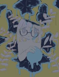 Rule 34 | 1girl, branch, commentary, glasses, highres, holding orb, kezuru, leaf, long hair, melting, original, parted lips, round eyewear, solo, symbol-only commentary, upper body, yellow background