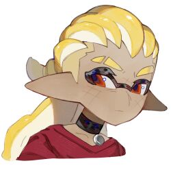 Rule 34 | 1boy, black choker, blonde hair, choker, closed mouth, commentary, commission, cropped torso, eyebrow cut, highres, inkling, inkling boy, inkling player character, long hair, long pointy ears, male focus, nintendo, pointy ears, red eyes, red shirt, redbeanpie0, shirt, simple background, solo, splatoon (series), tentacle hair, thick eyebrows, upper body, white background