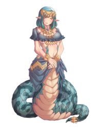 Rule 34 | 1girl, breasts, closed eyes, female focus, full body, gold, green hair, highres, jewelry, lamia, large breasts, midriff, monster girl, navel, original, parted bangs, pointy ears, short hair, simple background, smile, solo, underboob, white background, zawa (zawzawranran2)