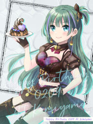 Rule 34 | 1girl, black bow, black gloves, black thighhighs, blue eyes, blush, bow, bra, breasts, brooch, brown shirt, brown skirt, character name, chocolate syrup, closed mouth, crop top, dated, detached collar, dot nose, earrings, fingerless gloves, food, fukuda fukutarou, garter straps, gloves, green hair, hair between eyes, hair bow, halterneck, hand on own hip, happy birthday, high-low skirt, highres, holding, holding plate, ice cream, idoly pride, jewelry, komiyama ai, long bangs, long hair, looking at viewer, medium breasts, midriff, miniskirt, multicolored hair, navel, neck ribbon, one eye closed, plaid, plaid bra, plate, pleated skirt, puffy short sleeves, puffy sleeves, purple hair, raised eyebrows, red ribbon, ribbon, shirt, short sleeves, shorts, shorts under skirt, skirt, smile, solo, straight hair, streaked hair, studded gloves, sundae, thighhighs, underwear, zettai ryouiki