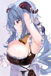 Rule 34 | 1girl, 7gao, ahoge, alternate breast size, alternate costume, apron, arm up, armpits, bare shoulders, bell, blue hair, breasts, cleavage, closed mouth, from side, ganyu (genshin impact), genshin impact, hand in own hair, highres, holding, horns, large breasts, long hair, looking down, milk, profile, purple eyes, sleeveless, solo, suction cups, upper body, very long hair, waist apron, white apron