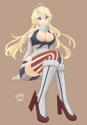 Rule 34 | 1girl, aio, artist logo, asymmetrical legwear, blonde hair, blue eyes, breasts, brown background, cleavage, corset, garter straps, headgear, highres, invisible chair, iowa (kancolle), kantai collection, large breasts, miniskirt, mismatched legwear, one-hour drawing challenge, shirt, sitting, skirt, solo, star-shaped pupils, star (symbol), striped clothes, striped skirt, striped thighhighs, symbol-shaped pupils, thighhighs, tied shirt, vertical-striped clothes, vertical-striped skirt, vertical-striped thighhighs