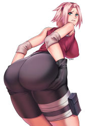Rule 34 | 1girl, absurdres, ass, ass grab, ass support, bare shoulders, bike shorts, blush, breasts, deep skin, embarrassed, from behind, gloves, green eyes, hairband, hamatsu, haruno sakura, highres, holster, huge ass, large breasts, leaning, leaning forward, looking at viewer, looking back, naruto, naruto (series), naruto shippuuden, parted lips, pink hair, shiny clothes, shiny skin, sideboob, solo, thigh holster