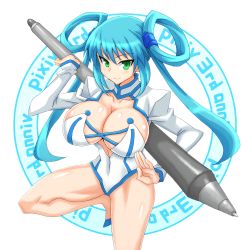 Rule 34 | blue hair, blush, breasts, cleavage, green eyes, ishioto, large breasts, smile, stylus, tsurime