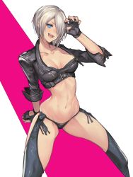Rule 34 | 1girl, angel (kof), blue eyes, breasts, character name, cleavage, fingerless gloves, gloves, hair over one eye, jacket, md5 mismatch, medium breasts, mexico, open mouth, oro (sumakaita), short hair, silver hair, smile, solo, the king of fighters