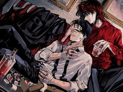 Rule 34 | 2boys, alcohol, artist name, bandaged hand, bandages, bandaid, bandaid on arm, black eyes, black hair, black jacket, black necktie, blood, blood on hands, bloody bandages, closed mouth, collared shirt, commentary request, couch, crying, cup, cuts, dated, feet out of frame, hand over another&#039;s eyes, holding, holding cup, ice, ice cube, ichijou seiya, injury, jacket, unworn jacket, kaiji, long hair, long sleeves, looking at another, male focus, medium bangs, multiple boys, murakami tamotsu, necktie, painting (object), pants, red hair, red shirt, shirt, short hair, sitting, surgical scissors, undone necktie, unknown03162, white necktie, white shirt