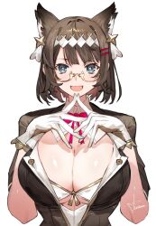 Rule 34 | 1girl, animal ears, artist name, black hair, blue eyes, blush, bow, bowtie, breasts, cleavage, commentary request, detached collar, fang, glasses, gloves, hair ornament, hairband, hairclip, highres, large breasts, looking at viewer, open mouth, original, red bow, red bowtie, red ribbon, ribbon, semi-rimless eyewear, short hair, signature, simple background, skin fang, smile, solo, toridamono, under-rim eyewear, upper body, white background, white gloves, white hairband, x x, yellow-framed eyewear