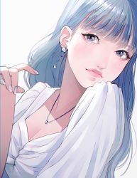 Rule 34 | 1girl, blouse, blue eyes, blue hair, blunt bangs, breasts, cleavage, closed mouth, fingernails, grey nails, hand up, highres, jewelry, long hair, looking at viewer, nail polish, necklace, original, shirt, simple background, solo, tsunko (9v2 q), white background, white shirt