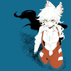 Rule 34 | 1girl, blue background, bow, breasts, cigarette, cleavage, collared shirt, cowboy shot, dated, earrings, fujiwara no mokou, grin, hair bow, highres, jewelry, long hair, looking at viewer, monochrome, namataro, pants, red eyes, shirt, silhouette, sketch, small breasts, smile, smoking, solo, suspenders, touhou, tsurime, white hair
