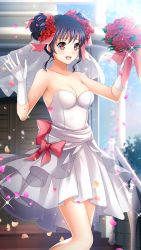 Rule 34 | 1girl, :d, black hair, blush, bouquet, breasts, cleavage, collarbone, double bun, doukyuusei 2, doukyuusei another world, dress, flower, game cg, gloves, hair bun, hair flower, hair ornament, hair ribbon, holding, holding bouquet, layered dress, medium breasts, medium hair, narusawa yui, official art, open mouth, outdoors, petals, pink ribbon, pleated dress, red eyes, red flower, red rose, ribbon, rose, short dress, sleeveless, sleeveless dress, smile, solo, sparkle, standing, strapless, strapless dress, wedding dress, white dress, white gloves