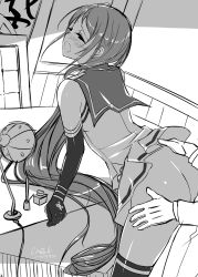 Rule 34 | 1boy, 1girl, admiral (kancolle), ahoge, ass, ass grab, bad id, bad pixiv id, blouse, clothed sex, clothes lift, dated, desk, desk lamp, elbow gloves, gloves, greyscale, half-closed eyes, hetero, highres, indoors, ink bottle, ink pen, kantai collection, kobayashi chisato, lamp, long hair, monochrome, nib pen (object), no panties, pen, sailor collar, samidare (kancolle), sex, shirt, skirt, skirt lift, sleeveless, sleeveless shirt, solo focus, standing, thighhighs, unfinished, very long hair
