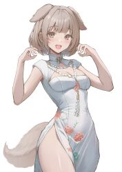 Rule 34 | 1girl, animal ears, blush, breasts, brown eyes, china dress, chinese clothes, cleavage, commission, cowboy shot, dog ears, dog girl, dog tail, dress, extra ears, final fantasy, final fantasy xiv, floral print, hands up, highres, indie virtual youtuber, light brown hair, looking at viewer, medium breasts, open mouth, sakuraba oto, short hair, side slit, simple background, skeb commission, sleeveless, sleeveless dress, solo, tail, thighs, torisanff14, virtual youtuber, white background, white dress