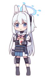 Rule 34 | 1girl, black footwear, black gloves, blue archive, blue serafuku, blue shirt, blue skirt, boots, chibi, closed mouth, cup, cup ramen, disposable cup, full body, gloves, grey hair, halo, harada (sansei rain), headgear, holding, holding cup, knee pads, long hair, long sleeves, looking at viewer, miyako (blue archive), neckerchief, one side up, pink neckerchief, pleated skirt, puffy long sleeves, puffy sleeves, purple eyes, sailor collar, school uniform, serafuku, shirt, simple background, skirt, smile, solo, standing, very long hair, white background, white sailor collar, white sleeves