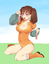 Rule 34 | 10s, 1girl, 2boys, bad id, bad pixiv id, blush, boots, breasts, brown hair, cleavage, covered erect nipples, covered navel, diane (nanatsu no taizai), erection, giant, giantess, holding, large breasts, leotard, long hair, multiple boys, nanatsu no taizai, open mouth, penis, purple eyes, saliva, sitting, size difference, tongue, tongue out, twintails, ur ar, wariza