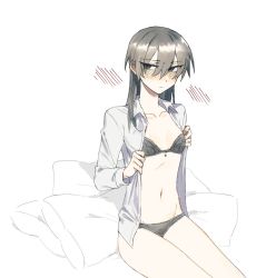 Rule 34 | 1girl, blush, bra, breasts, closed mouth, collared shirt, embarrassed, grey bra, grey eyes, grey hair, grey panties, hair between eyes, long sleeves, looking at viewer, navel, open clothes, open shirt, original, panties, pillow, shirt, simple background, sitting, small breasts, solo, tsu (lovesick1964), underwear, undressing, white background, wing collar