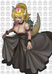 Rule 34 | 1girl, absurdres, bare shoulders, black dress, blonde hair, blue eyes, blue gemstone, bowsette, bracelet, breasts, brooch, cleavage, collar, collarbone, dress, dress grab, fang, full body, gem, goomba, hair between eyes, highres, horns, jewelry, large breasts, lipstick, long hair, looking afar, makeup, mario (series), new super mario bros. u deluxe, nintendo, open mouth, outline, patterned background, ponytail, sb (dlwnsrl1783), sidelocks, slit pupils, solo, spiked bracelet, spiked collar, spiked shell, spiked tail, spikes, strapless, strapless dress, super crown, tail, teeth, toned, white background