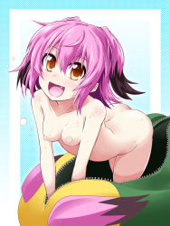 Rule 34 | 10s, 1girl, ass, bare shoulders, black hair, breasts, censored, censored nipples, colored tips, convenient censoring, ichimi, kantai collection, kunashiri (kancolle), multicolored hair, nude, open mouth, orange eyes, pink hair, short hair, small breasts, smile, solo, sweat, two side up