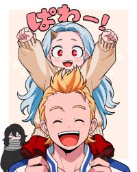 Rule 34 | 1girl, 2boys, arms up, black hair, blonde hair, blue hair, blush, boku no hero academia, border, brown horns, brown sweater, carrying, child, clenched hands, closed eyes, commentary, eraser head (boku no hero academia), eri (boku no hero academia), facial scar, hand on another&#039;s leg, happy, highres, horns, long hair, long sleeves, looking at viewer, mommorua, multiple boys, open mouth, orange background, outside border, piggyback, red eyes, red skirt, scar, scar on cheek, scar on face, scarf, short hair, single horn, skirt, smile, sparkle, sweater, teeth, togata mirio, translation request, upper teeth only, white border