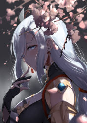 Rule 34 | 1girl, black gloves, blue eyes, braid, branch, breast curtain, breasts, cherry blossoms, cherry tree, clothing cutout, earrings, eyebrows hidden by hair, falling petals, finger to mouth, genshin impact, gloves, hair ornament, half-closed eyes, jewelry, large breasts, long hair, looking at viewer, low-braided long hair, low-tied long hair, mofumoffua, partially fingerless gloves, petals, shenhe (genshin impact), shoulder cutout, silver hair, solo, tassel, tassel earrings, upper body