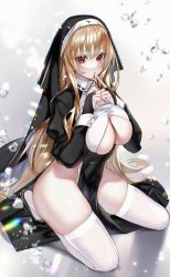 Rule 34 | 1girl, artist name, breasts, bridal gauntlets, clothing cutout, grey background, highres, large breasts, long hair, looking at viewer, nun, original, red eyes, ringeko-chan, sitting, solo, thighhighs, thighs, underboob, underboob cutout, very long hair, white thighhighs