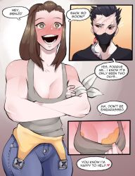 Rule 34 | 1boy, 1girl, bandaged arm, bandages, black hair, blackwatch genji, blizzard (company), blush, bra, breasts, brigitte (overwatch), brown hair, cleavage, clothes pull, crossed arms, cyborg, denim, english text, flashing, genji (overwatch), jeans, kinjero, large breasts, muscular, muscular female, overwatch, overwatch 1, pants, red eyes, self-upload, shirt pull, simple background, smile, speech bubble, tank top, underwear, yellow bra, yellow eyes